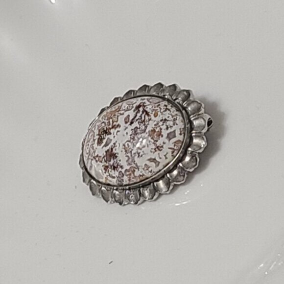 Vintage Antique Boho Sterling Silver Rosetta Jasper Stone Cabochon Oval Brooch - Picture 6 of 7